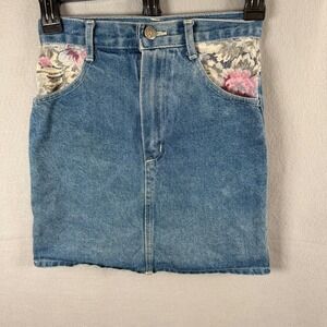 Sunset West Denim Skirt Womens 8 Blue Floral Tapestry Mini High made in USA VTG